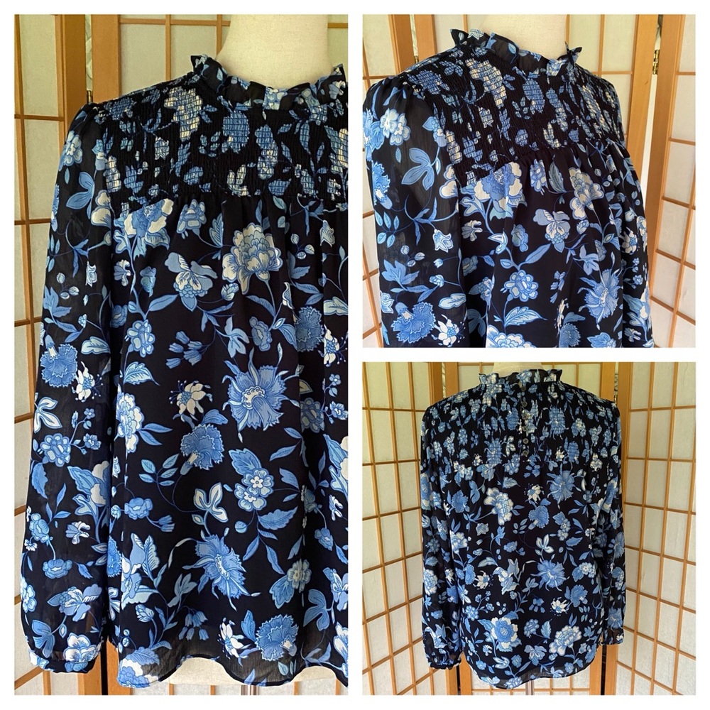 J Crew Floral Smocked Long Sleeve Blouse SZ M